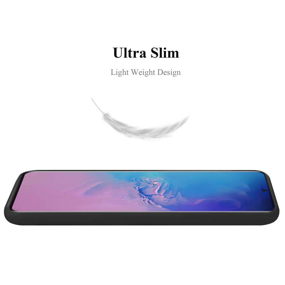 Schwarzes Telefon in einer Hülle. Das Telefon liegt.
