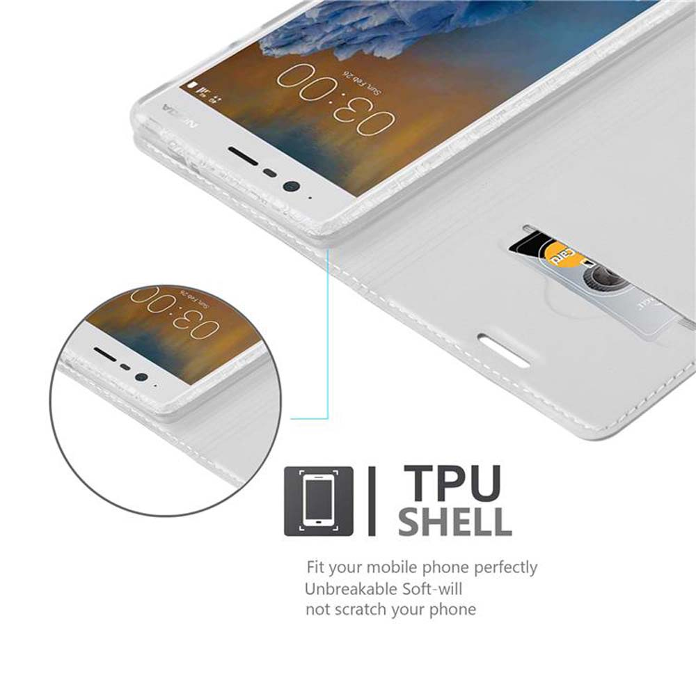Un primo piano mostra un telefono in una custodia bianca. Un inserto mostra un dettaglio del telefono. Il testo recita TPU SHELL.