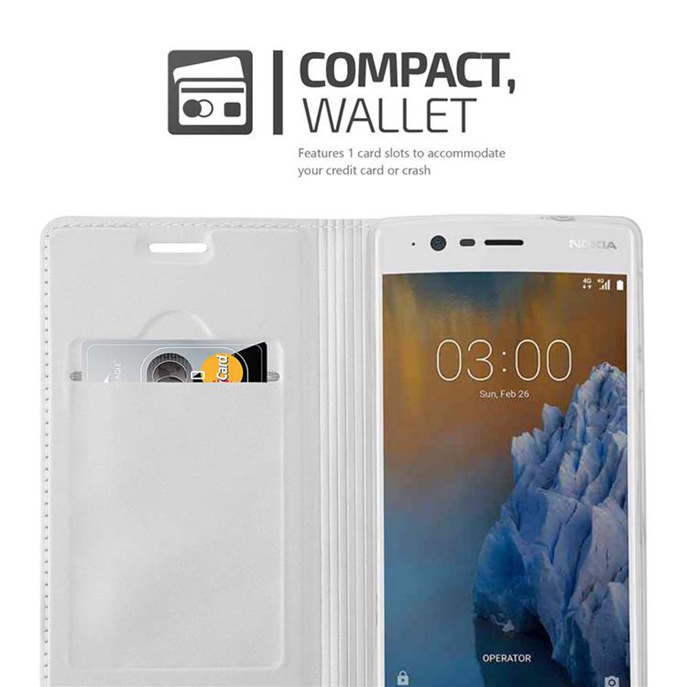 Telefono bianco in una custodia a portafoglio bianca. Una carta di credito è nello slot. Testo: COMPACT, WALLET.