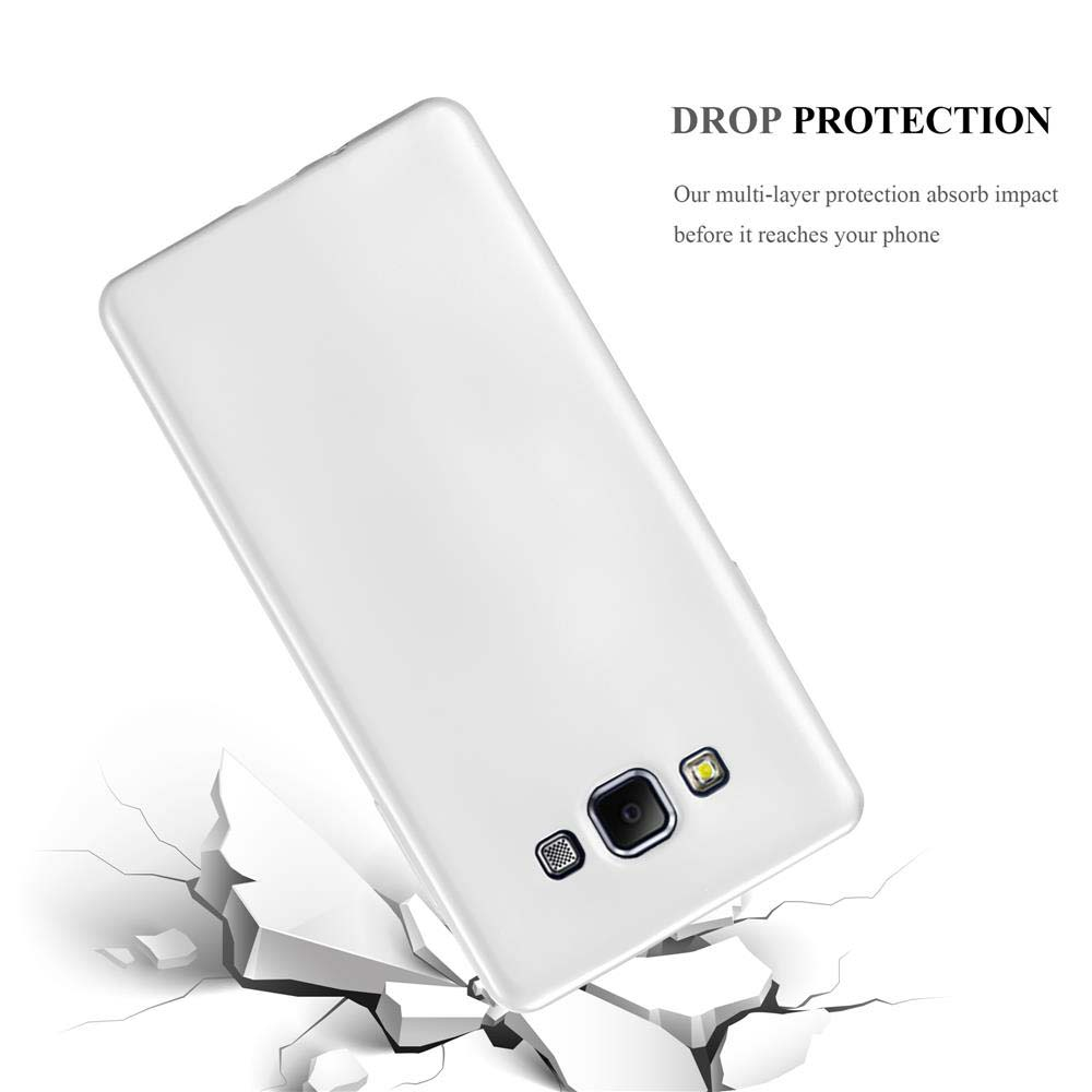 Una funda de teléfono blanca con un teléfono. El texto dice 'DROP PROTECTION'. La funda está en suelo roto.