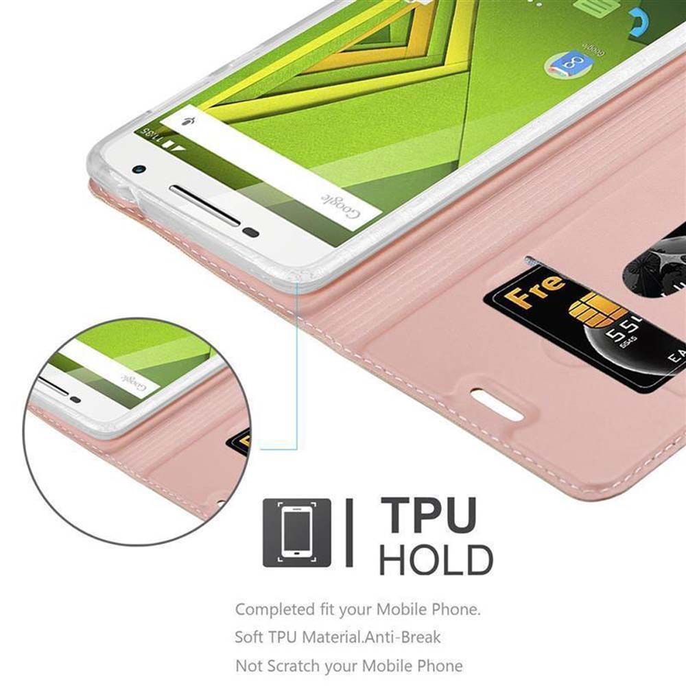 Telefono in custodia rosa, carta visibile. Testo: TPU Hold. Il telefono mostra Google. Interno rosa.