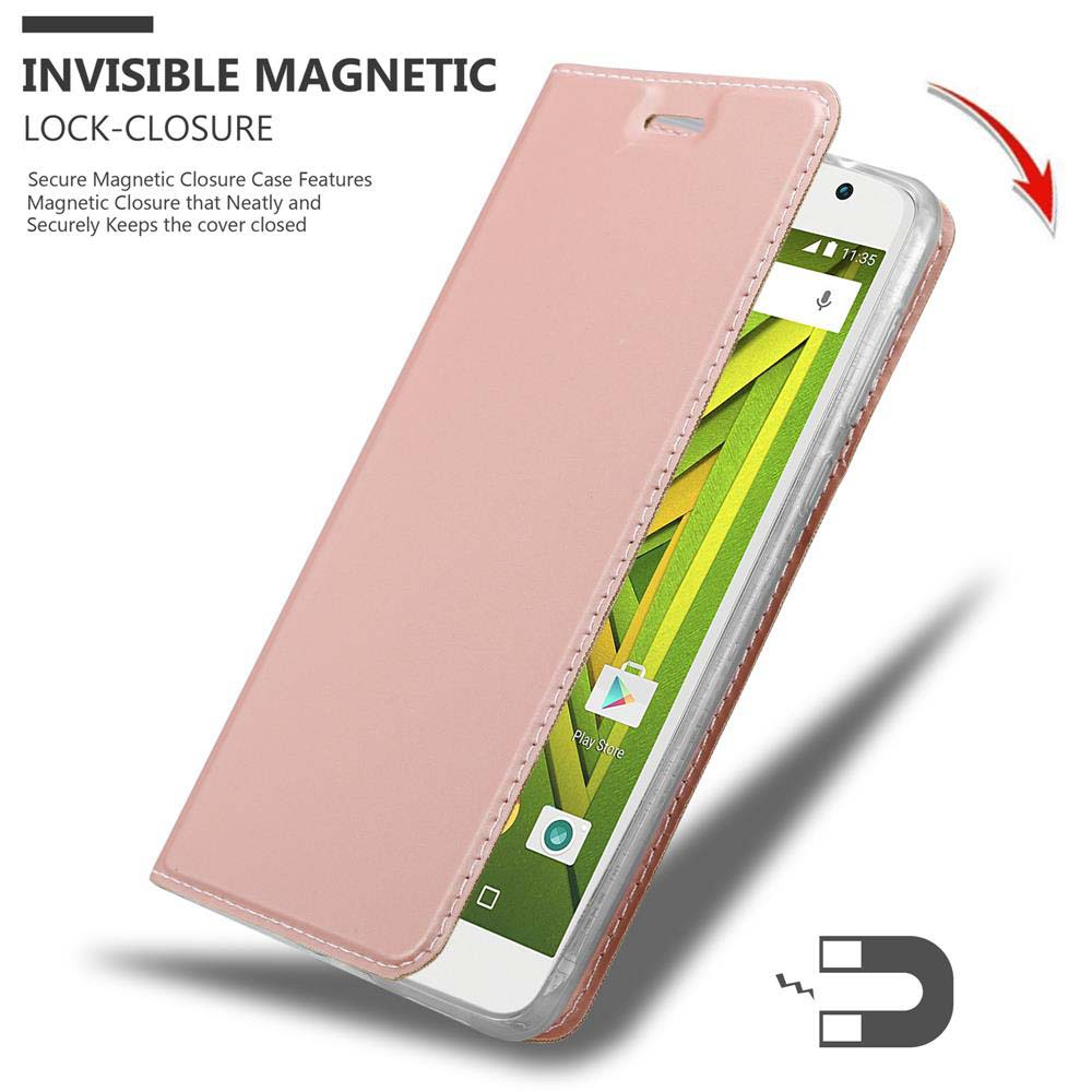 Custodia per telefono rosa aperta. Il testo dice: INVISIBLE MAGNETIC LOCK-CLOSURE.