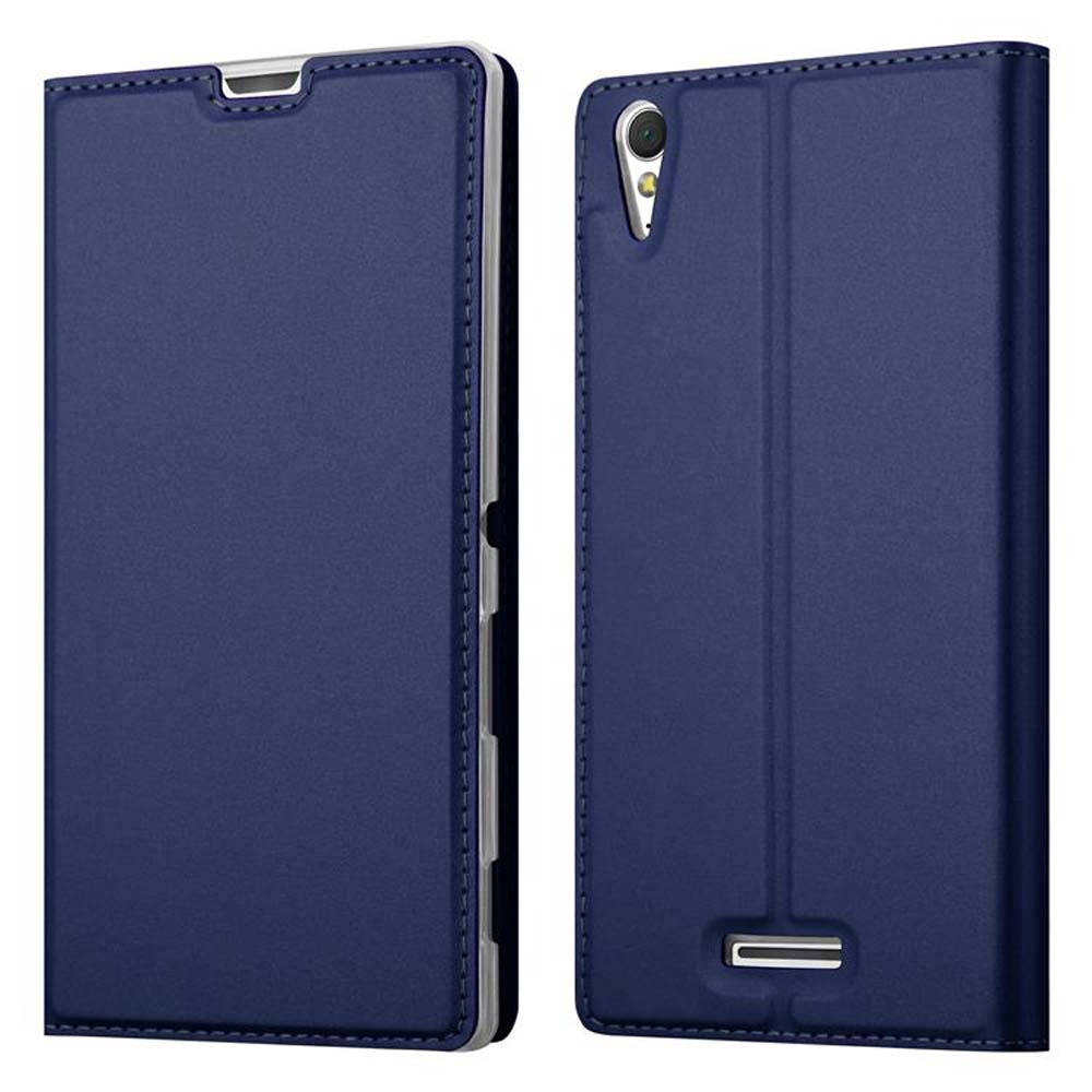 Funda de teléfono azul marino, cerrada y abierta, con el teléfono dentro. La funda es lisa.