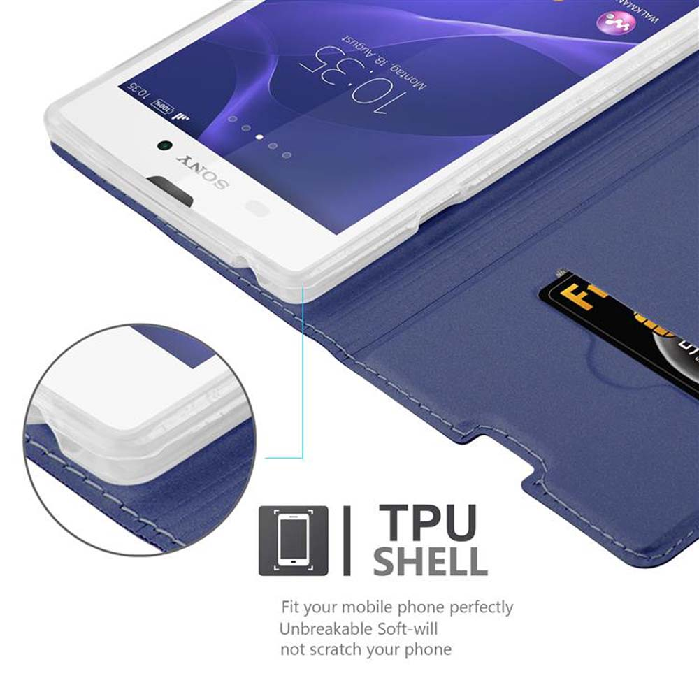 Funda azul con teléfono dentro. El teléfono muestra la hora, una tarjeta visible. Texto TPU SHELL.
