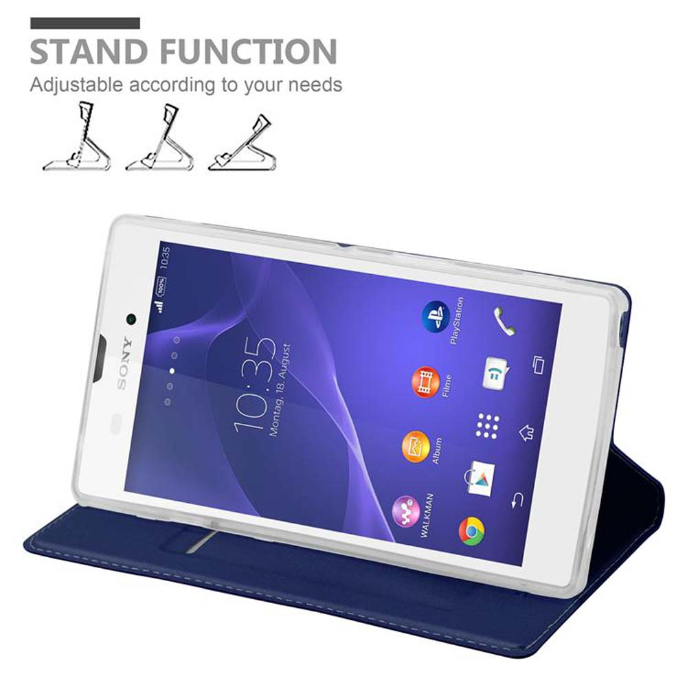 Teléfono blanco en funda azul, función de soporte. Texto: Ajustable según sus necesidades.