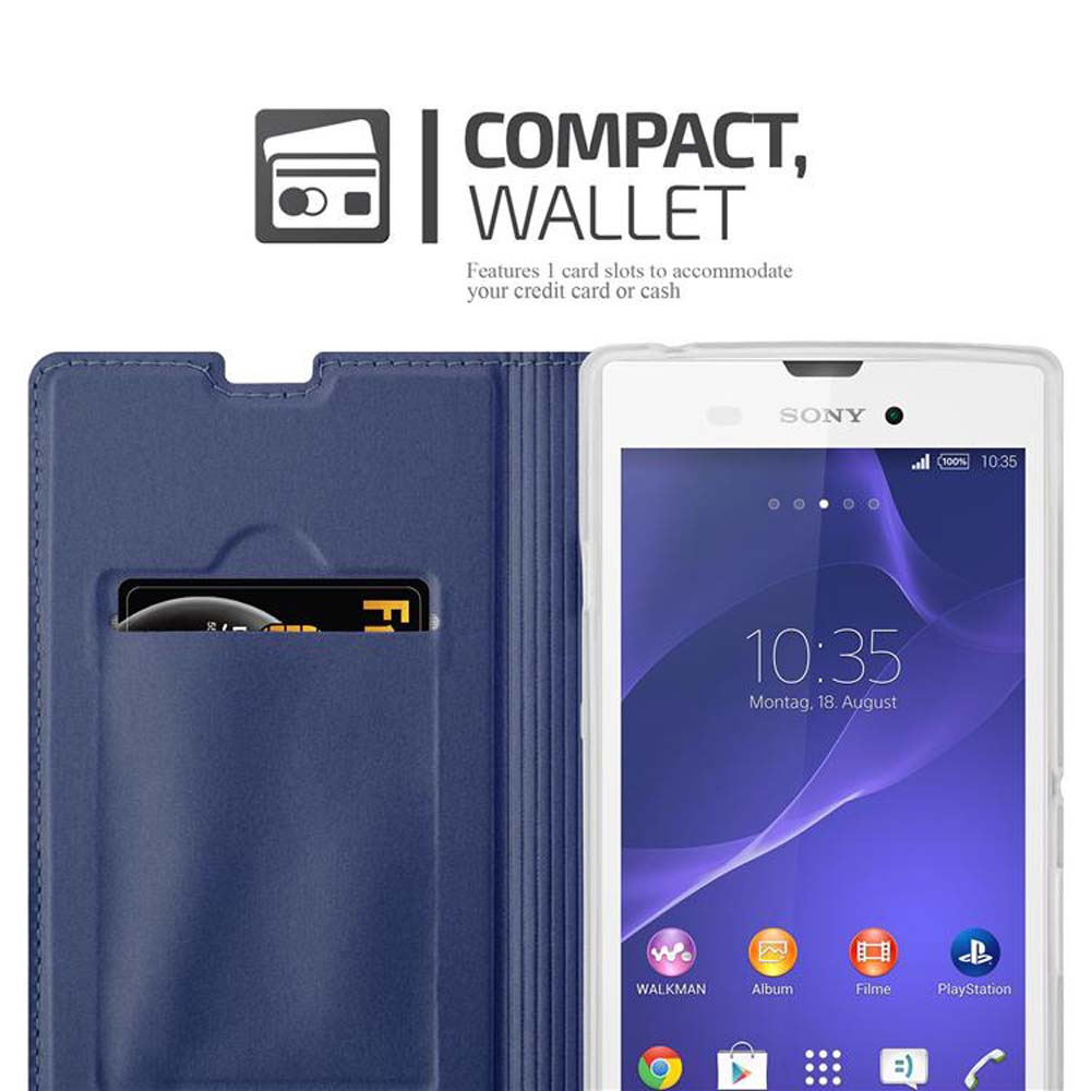 Un teléfono en una funda tipo cartera azul, que revela la ranura para tarjetas y la pantalla del teléfono.