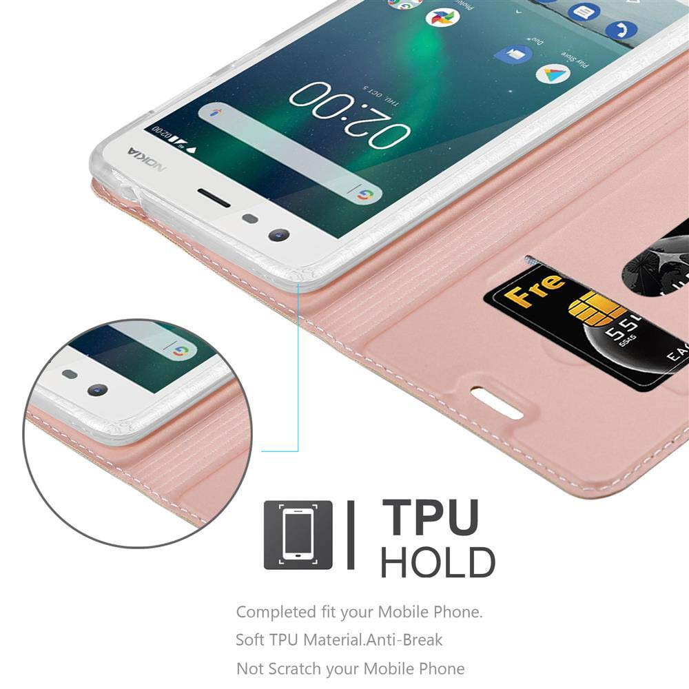 Custodia rosa per telefono con telefono dentro. Mostra il telefono e la carta. TPU HOLD.