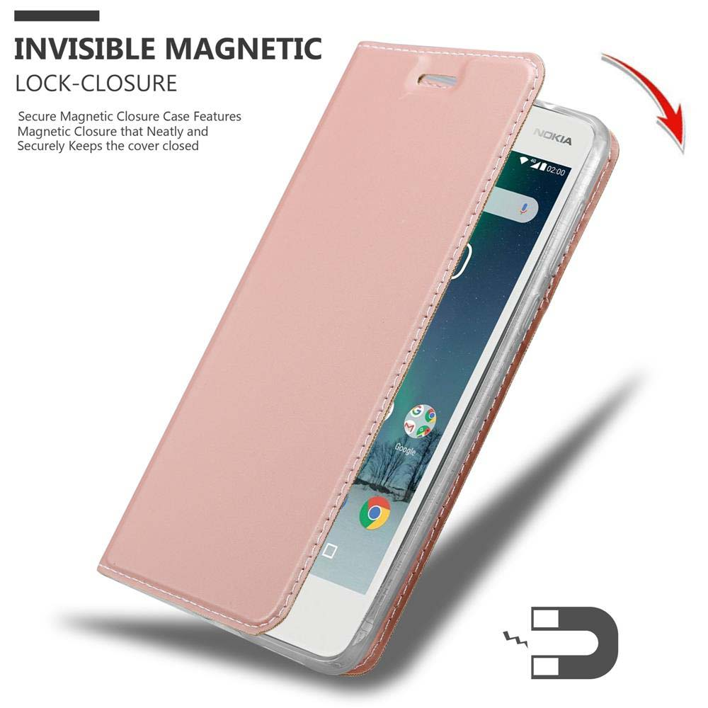 Custodia per telefono rosa con telefono all'interno. Il telefono mostra l'ora. La custodia è aperta.