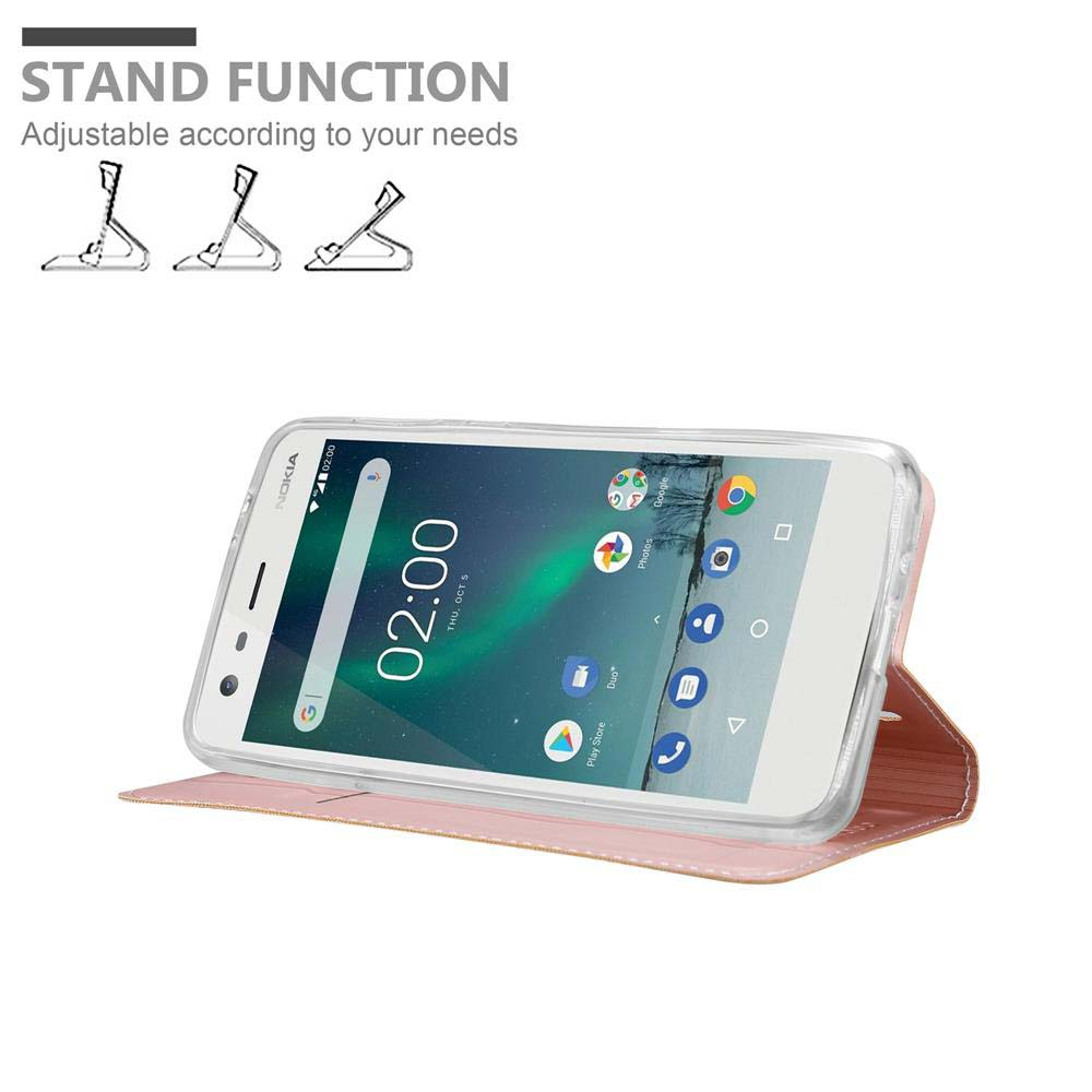 Custodia rosa per telefono in posizione verticale. Il telefono è bianco con schermo nero. Testo: Funzione stand. Telefono Nokia.