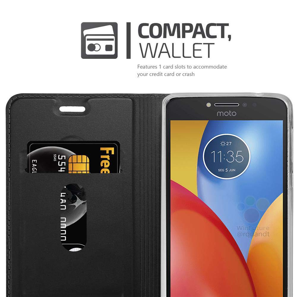 Custodia per telefono aperta con fessure per carte e un telefono all'interno. Testo: "Compact Wallet".