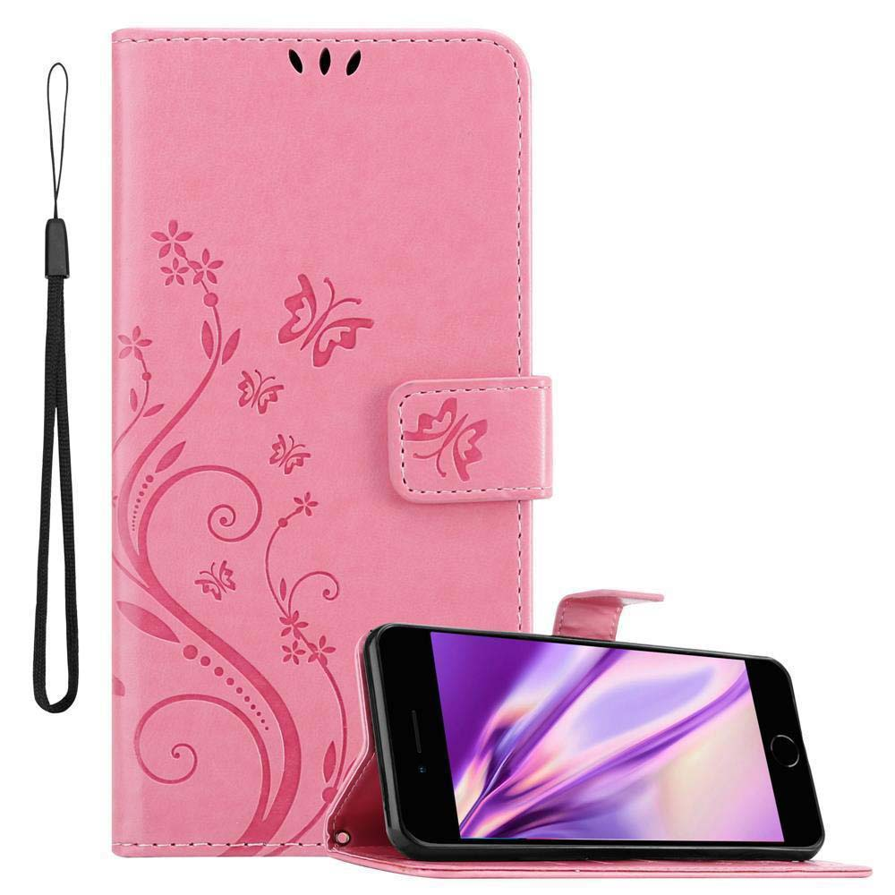 Rosa Handyhülle mit Blumendesign mit Telefon, offen und geschlossen.