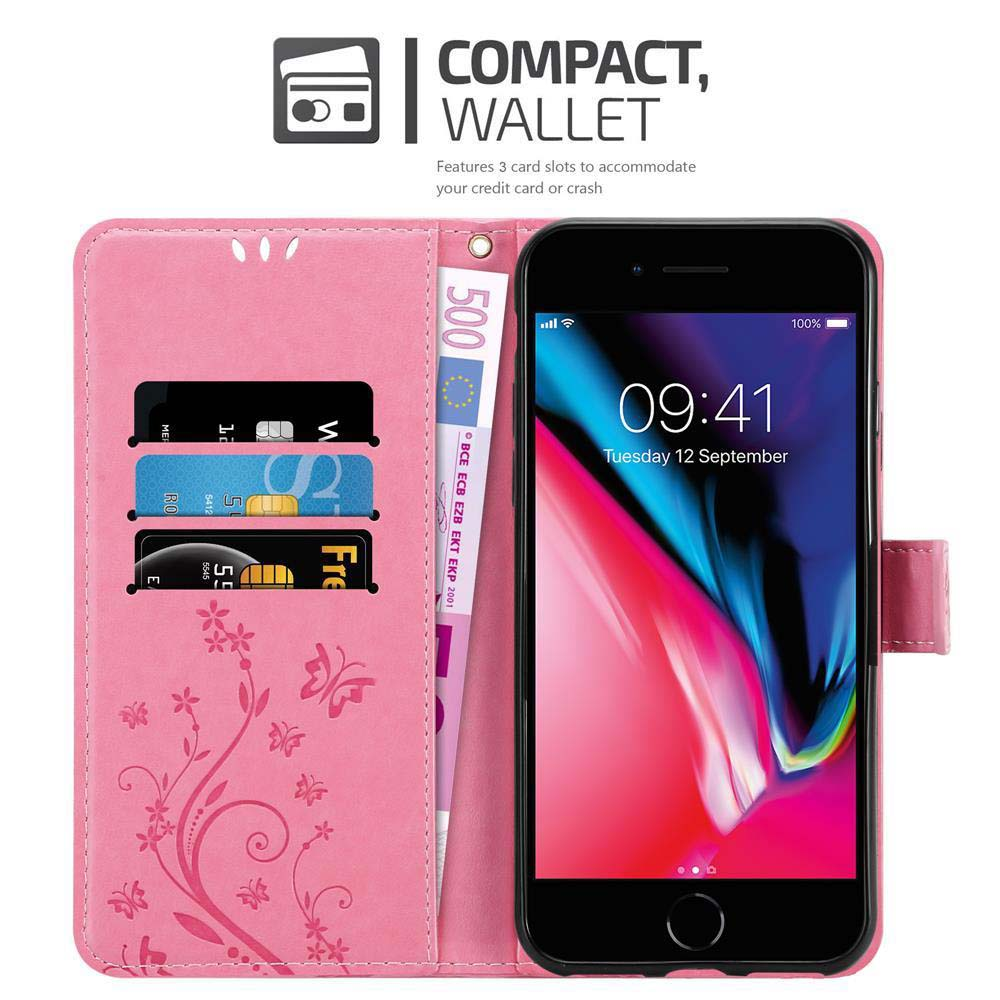 Rosa Handy-Geldbörse mit Handy und Kreditkarten. Telefon zeigt Zeit und Datum. Geldbörse mit Blumendesign.