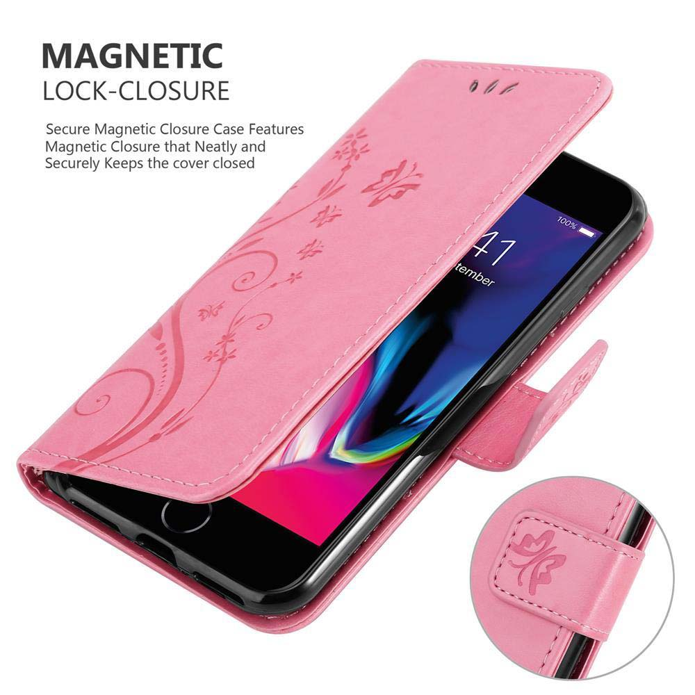 Rosa Handyhülle mit einem Telefon darin. Die Hülle ist geöffnet und zeigt den Telefonbildschirm.