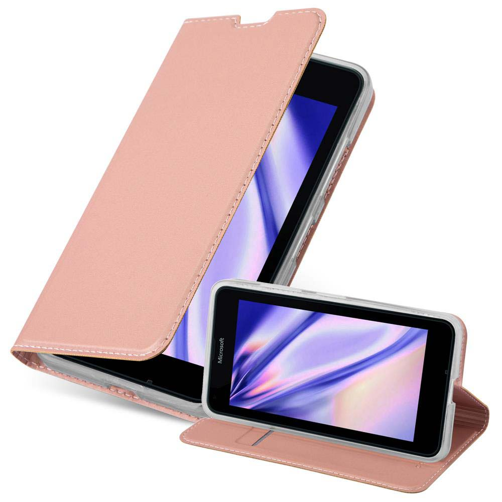 Un teléfono rosa en una funda rosa, abierto con la pantalla del teléfono visible y la funda está abierta.