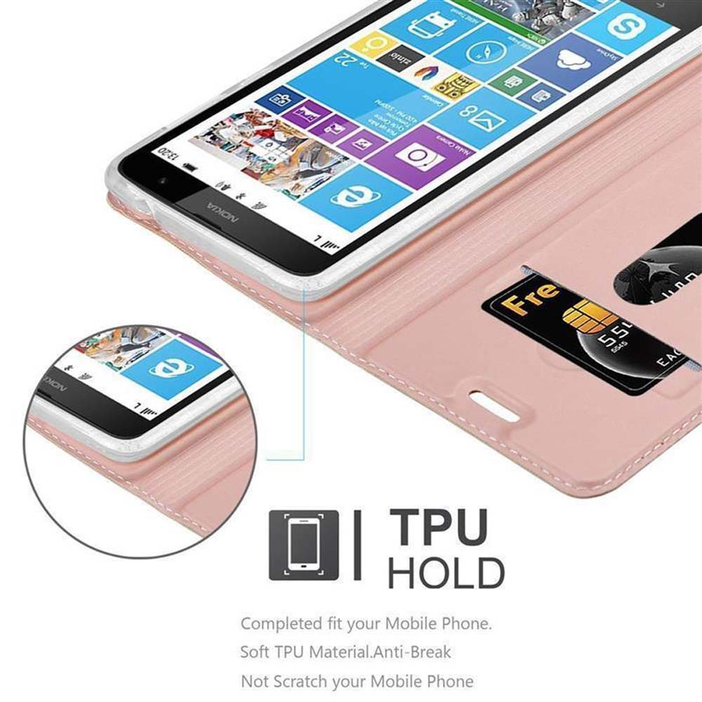 Una custodia per telefono con un telefono all'interno e una carta in uno slot. Il telefono mostra una schermata iniziale.
