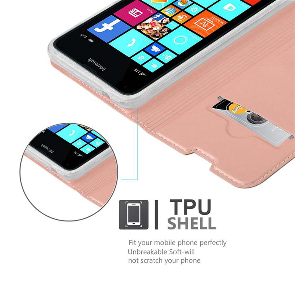 Un teléfono en una funda rosa. La funda está abierta mostrando la pantalla del teléfono y un tarjetero.