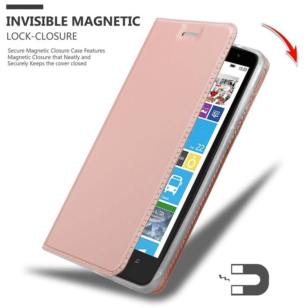 Custodia rosa aperta, che rivela lo schermo del telefono, con un simbolo di chiusura magnetica.