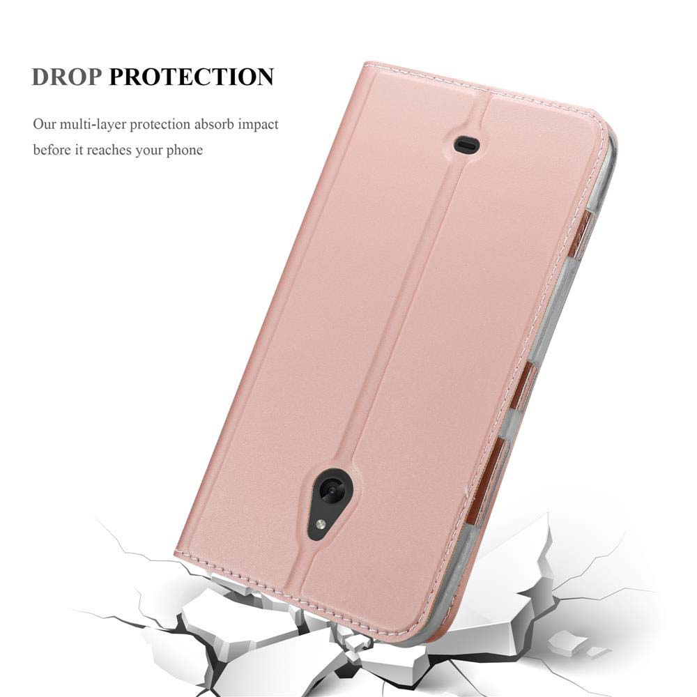 Custodia rosa per telefono su sfondo bianco. La custodia è su una superficie incrinata. Testo di protezione dalle cadute sullo sfondo.