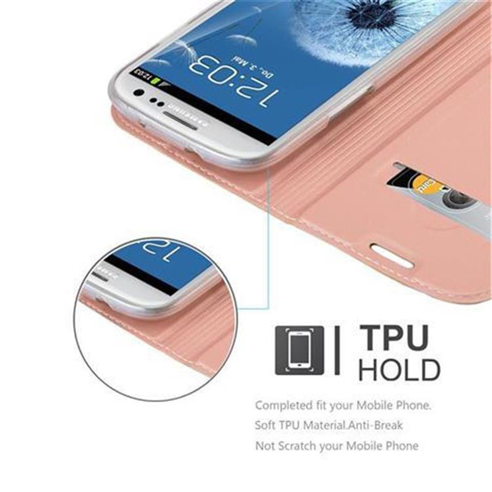 Una custodia per telefono rosa con un telefono all'interno e una carta nella fessura.