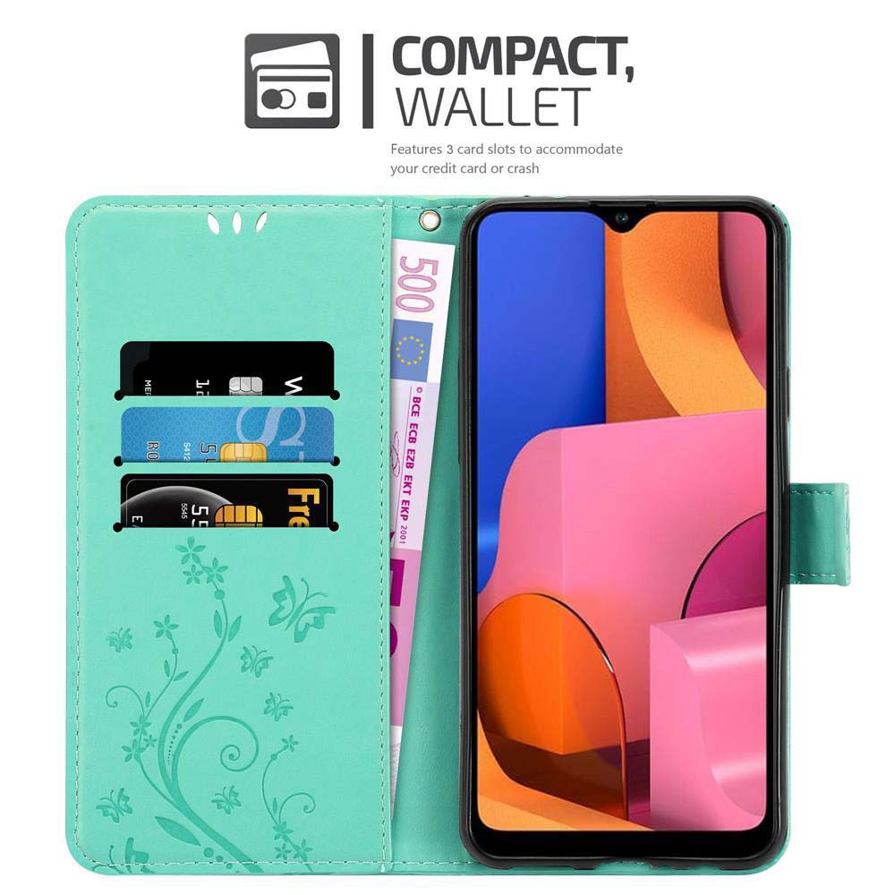Un telefono in una custodia a portafoglio verde. Il testo recita 'COMPACT, WALLET'. Tre slot per carte e una fattura visibili.