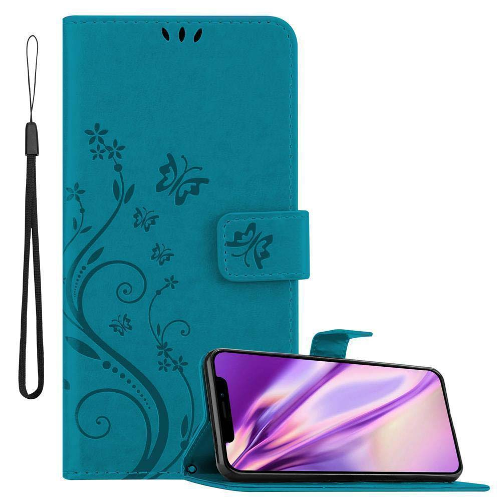 Türkisfarbene Handyhülle mit Telefon. Geöffnete Hülle mit Design. Weißer Hintergrund.