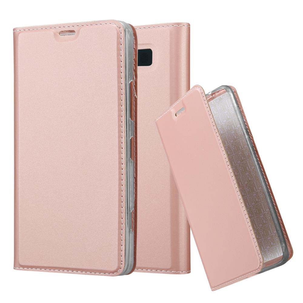 Funda rosa abierta y cerrada, con teléfono visible. Es color oro rosa.