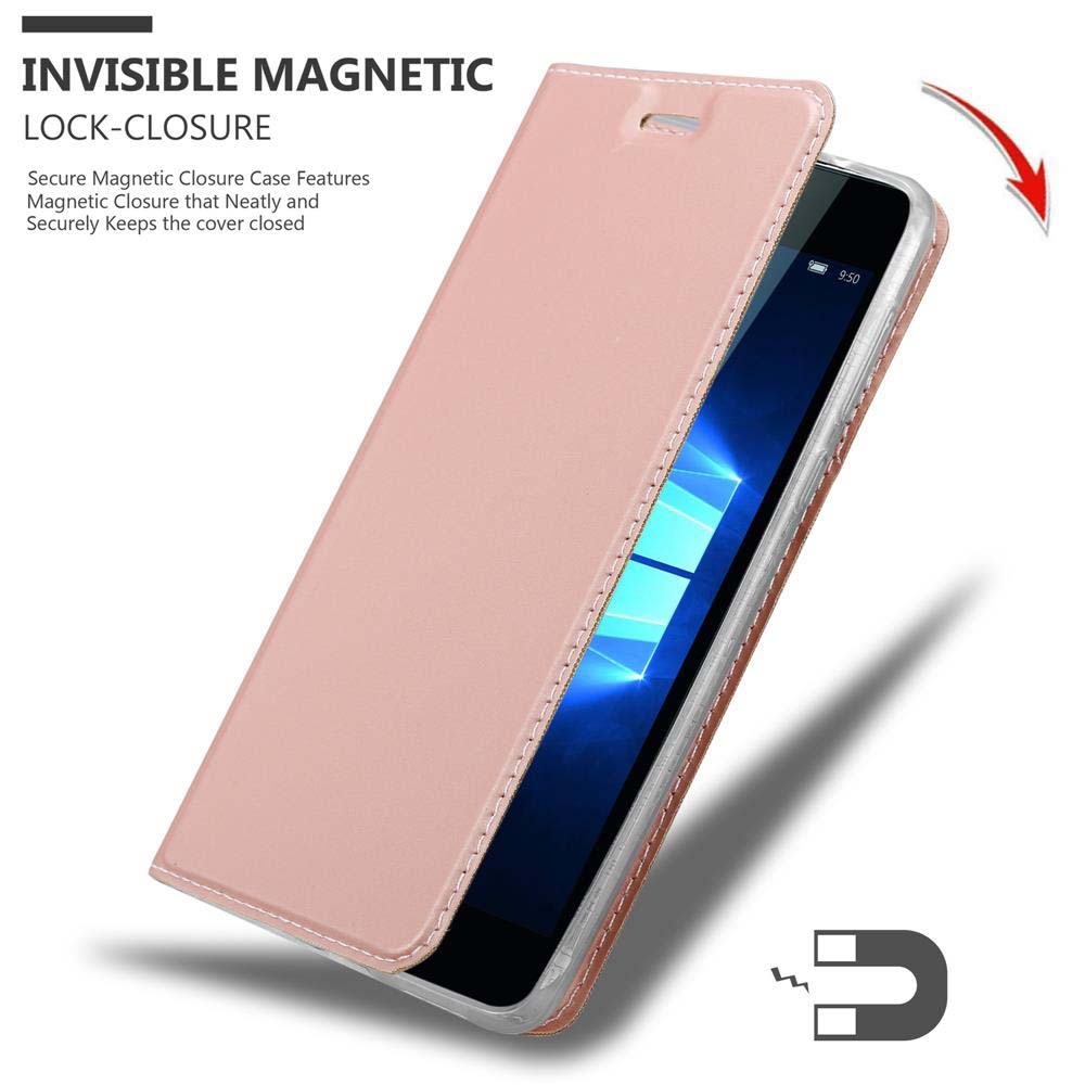 Funda rosa para teléfono con tapa abierta, que revela una pantalla. El fondo es blanco.