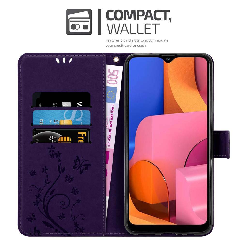 Custodia per telefono viola con fessure per carte. Lo schermo del telefono è visibile. C'è una banconota da 500 euro.