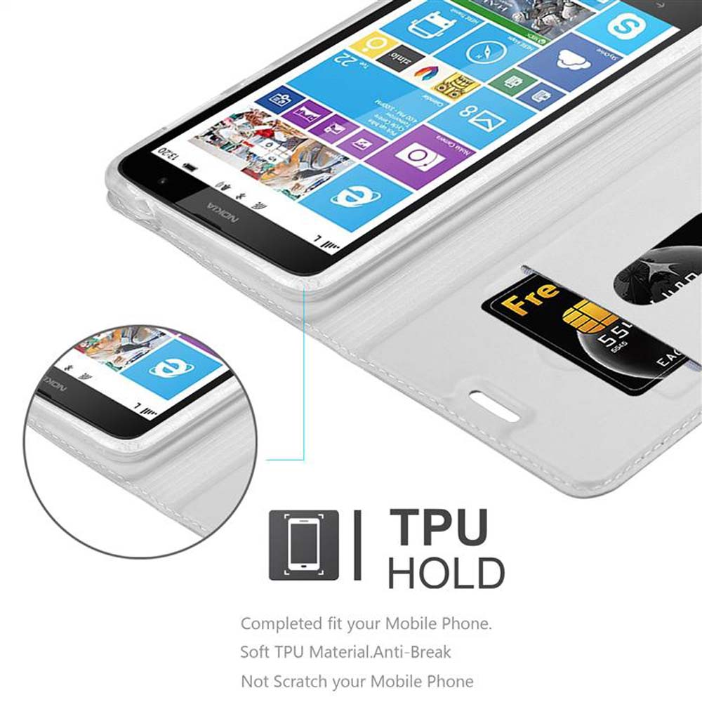 Telefon in einer weißen Hülle mit Kartenfach. Der Telefonbildschirm zeigt Symbole und die Uhrzeit 13:28.