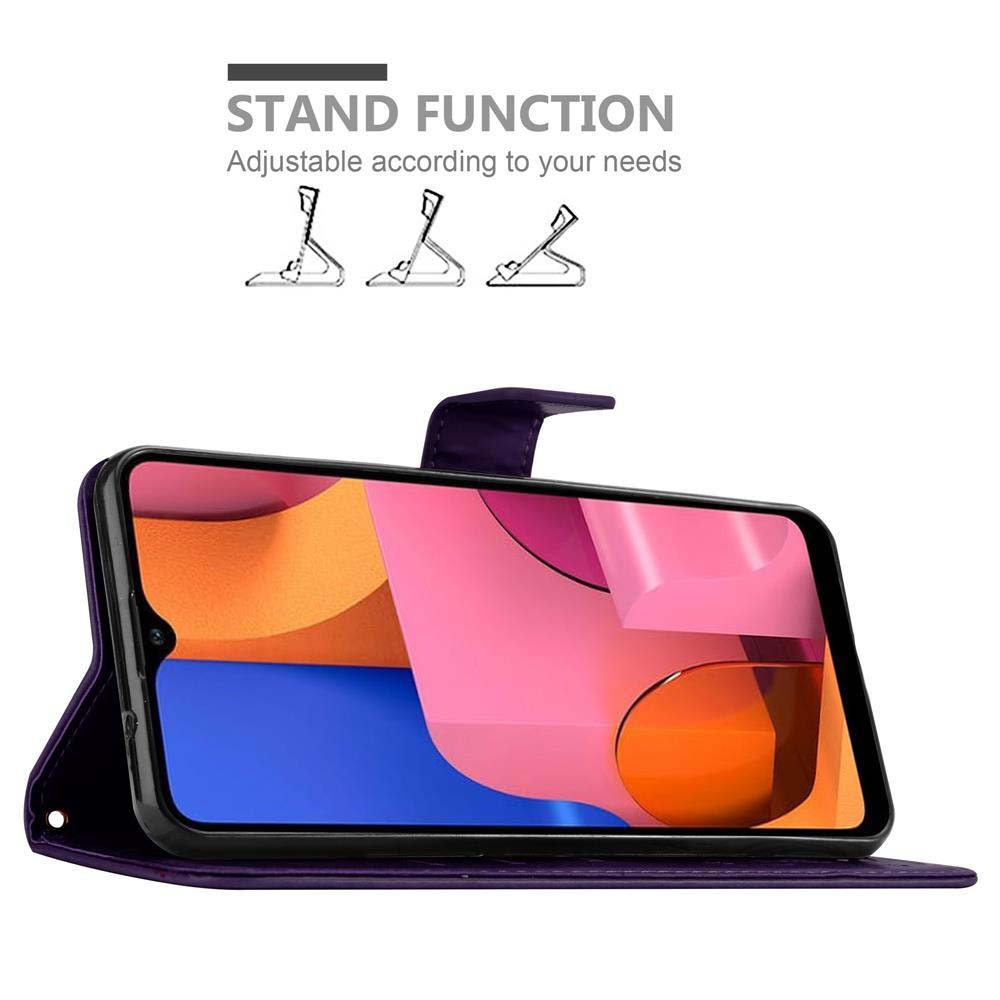 Telefono in una custodia con supporto viola, schermo che mostra un'immagine astratta colorata. Testo: STAND FUNCTION.