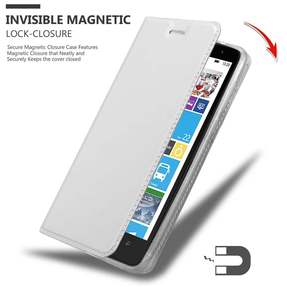 Telefonhülle offen mit einem Telefon darin. Die Hülle ist weiß mit Magnetverschluss. Ein Magnet wird gezeigt.