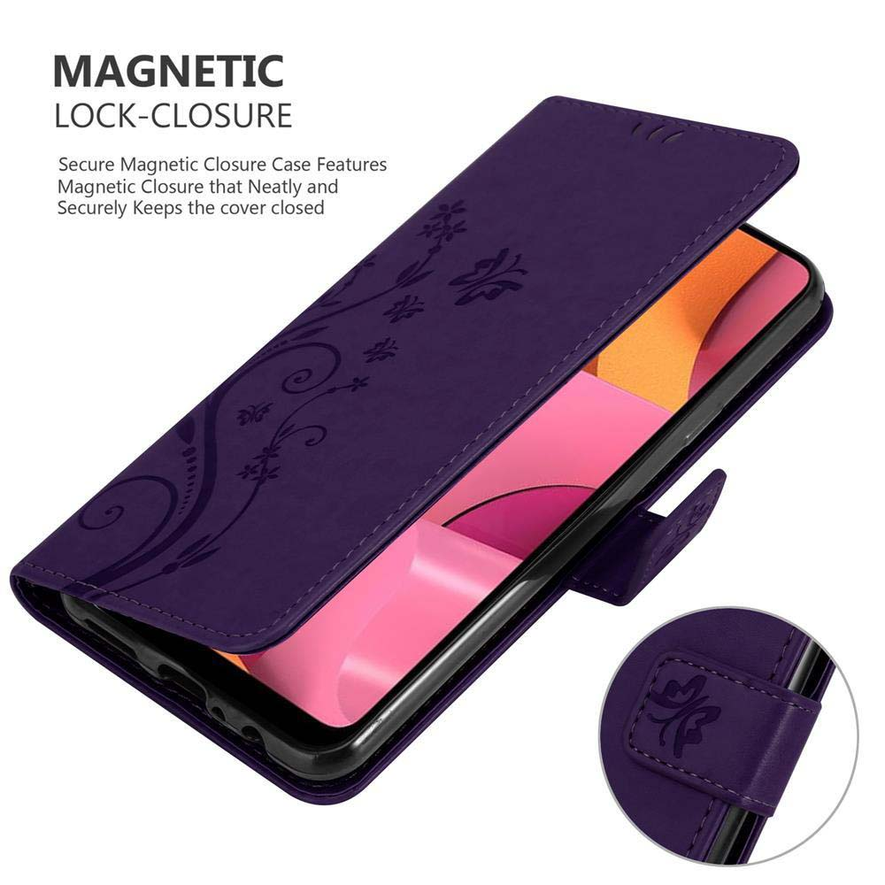 Custodia a portafoglio viola aperta, che mostra il telefono. Design floreale e chiusura magnetica.