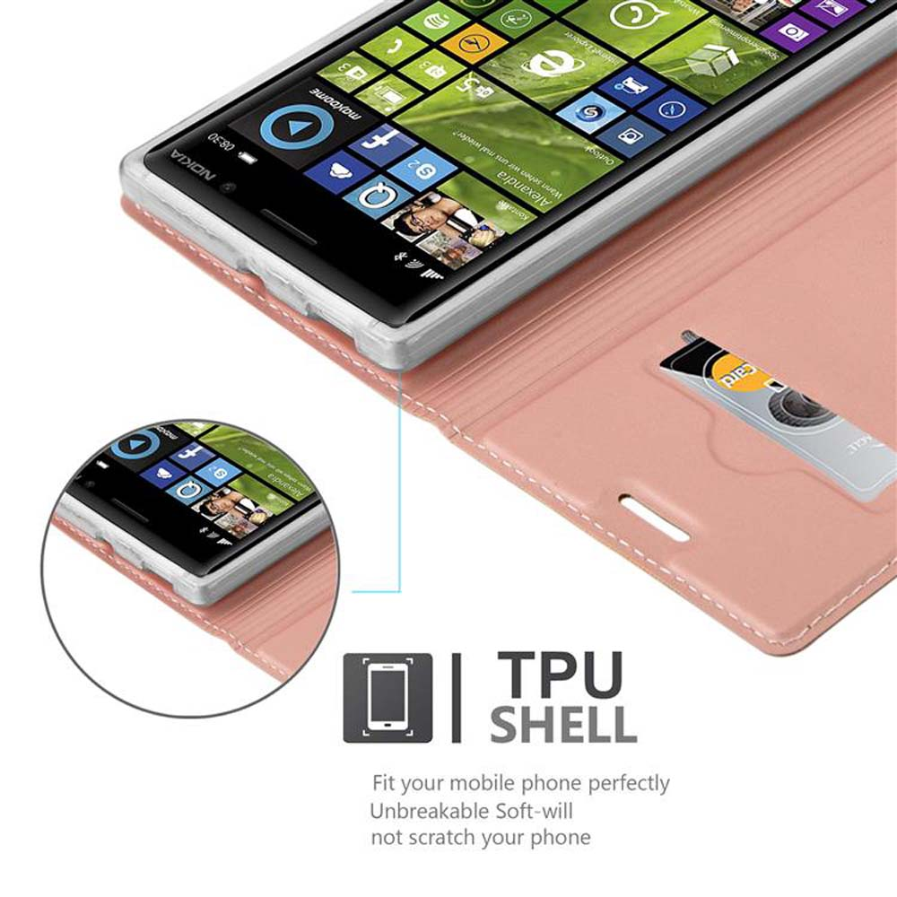 Telefono in custodia rosa, primo piano, aperto. Testo: Guscio in TPU, si adatta al tuo cellulare.