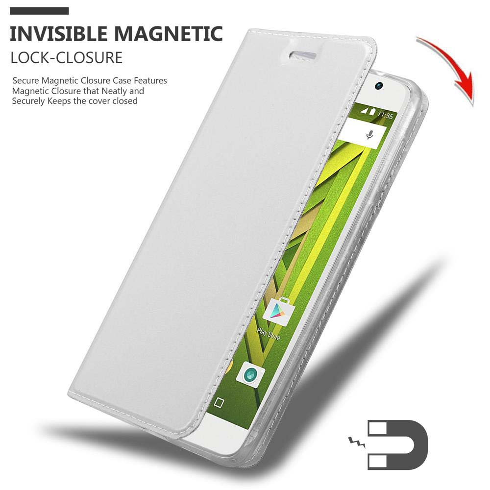 Un telefono in una custodia bianca. La custodia è aperta, rivelando il telefono. Il testo dice: Chiusura magnetica invisibile.