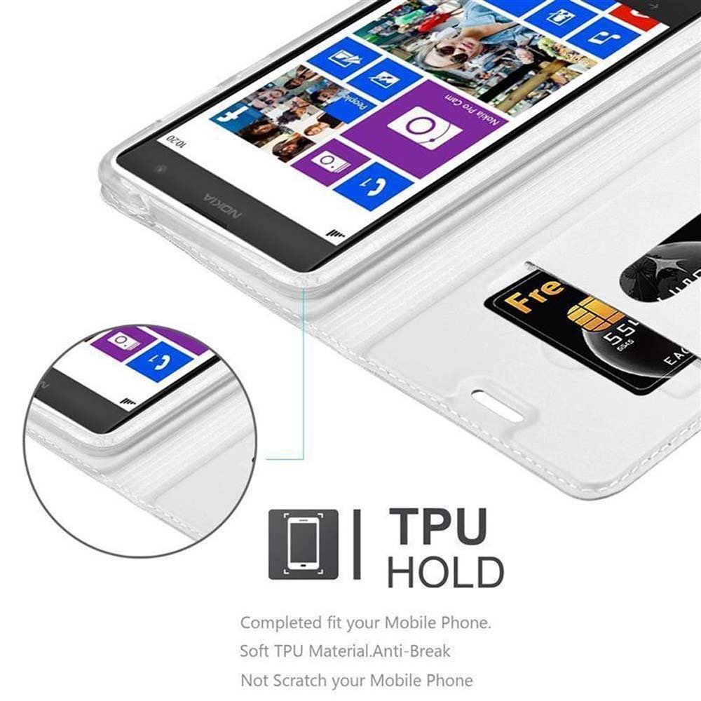 Telefono in custodia bianca con slot per carta di credito. Lo schermo mostra un'interfaccia con icone.