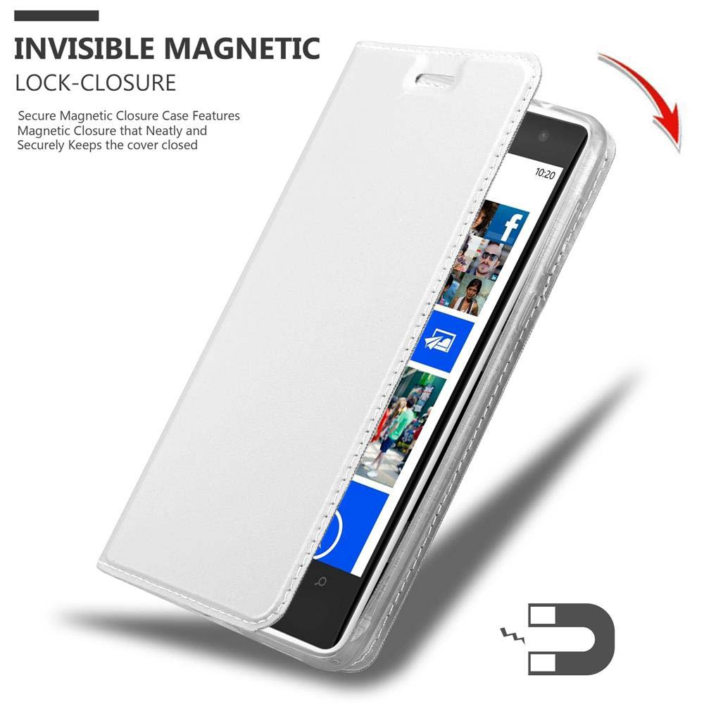 Una custodia bianca con un telefono all'interno. Il testo dice: Chiusura magnetica invisibile. Custodia con chiusura magnetica sicura.