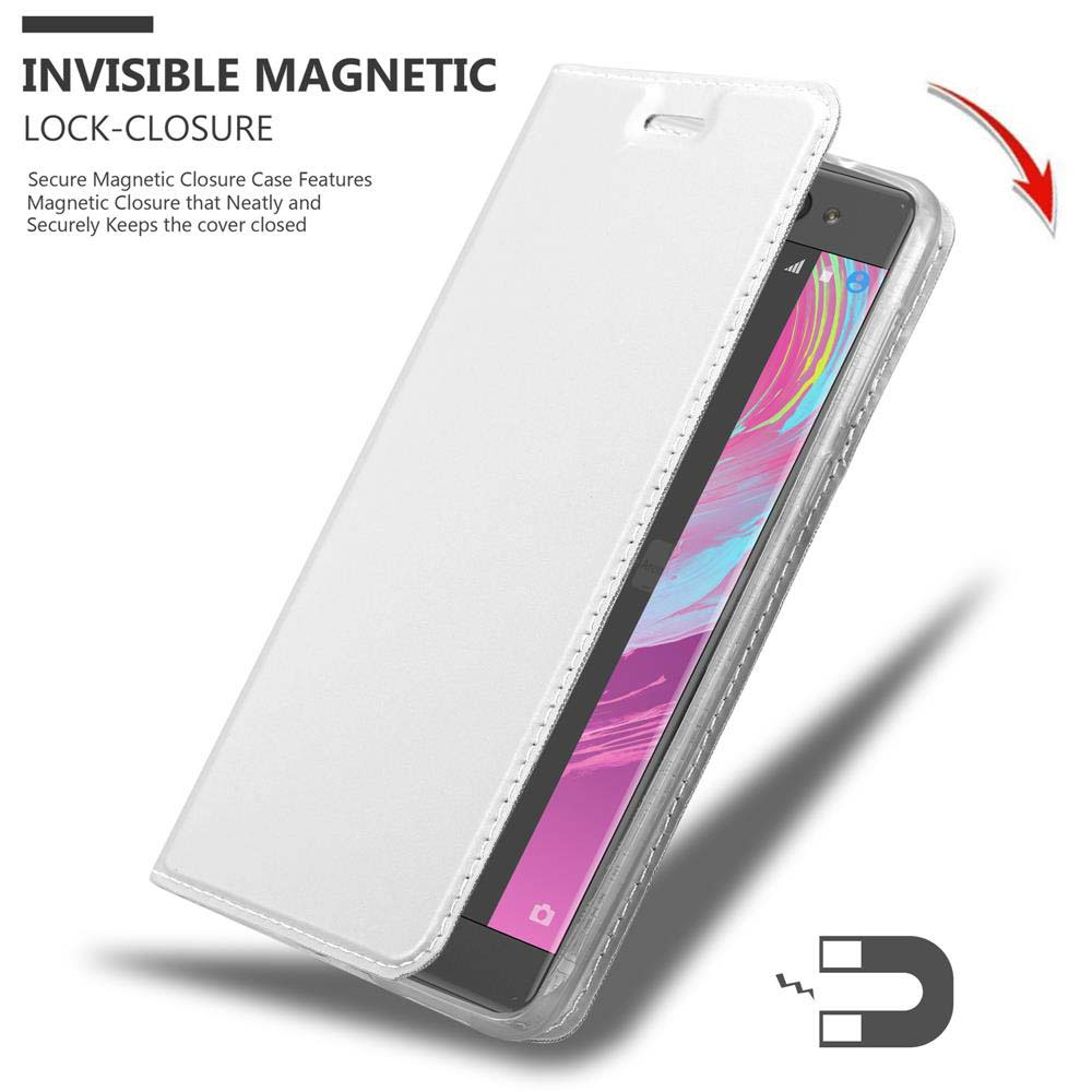 Una custodia bianca per telefono è aperta, rivelando un telefono all'interno. Viene indicata una chiusura magnetica.