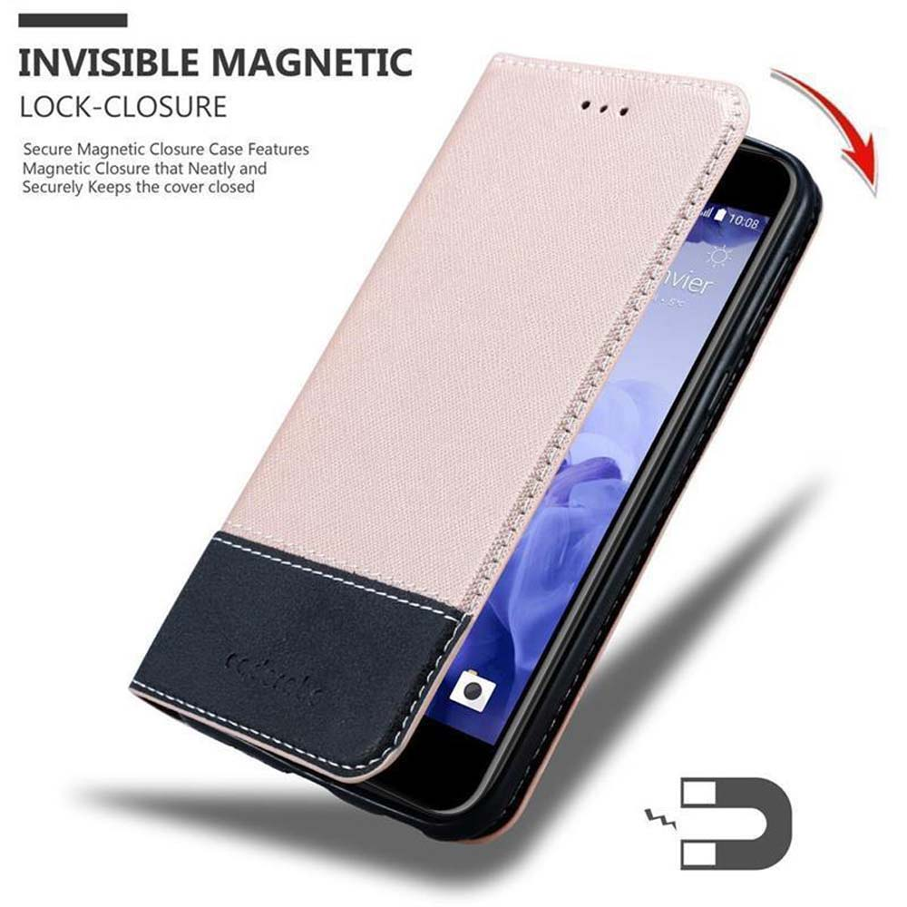 Rosa und marinefarbene Handyhülle. Telefon ist teilweise sichtbar. Magnetischer Verschluss mit Pfeil gezeigt.