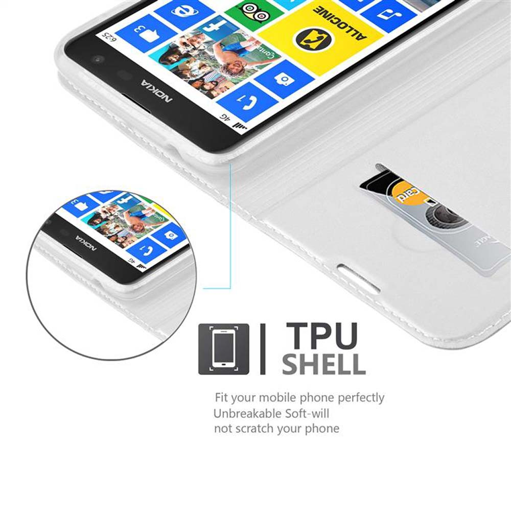 Telefon in weißer Hülle mit Kreditkartenfach. TPU-Schalenbeschreibung. Telefonbildschirm ist sichtbar.