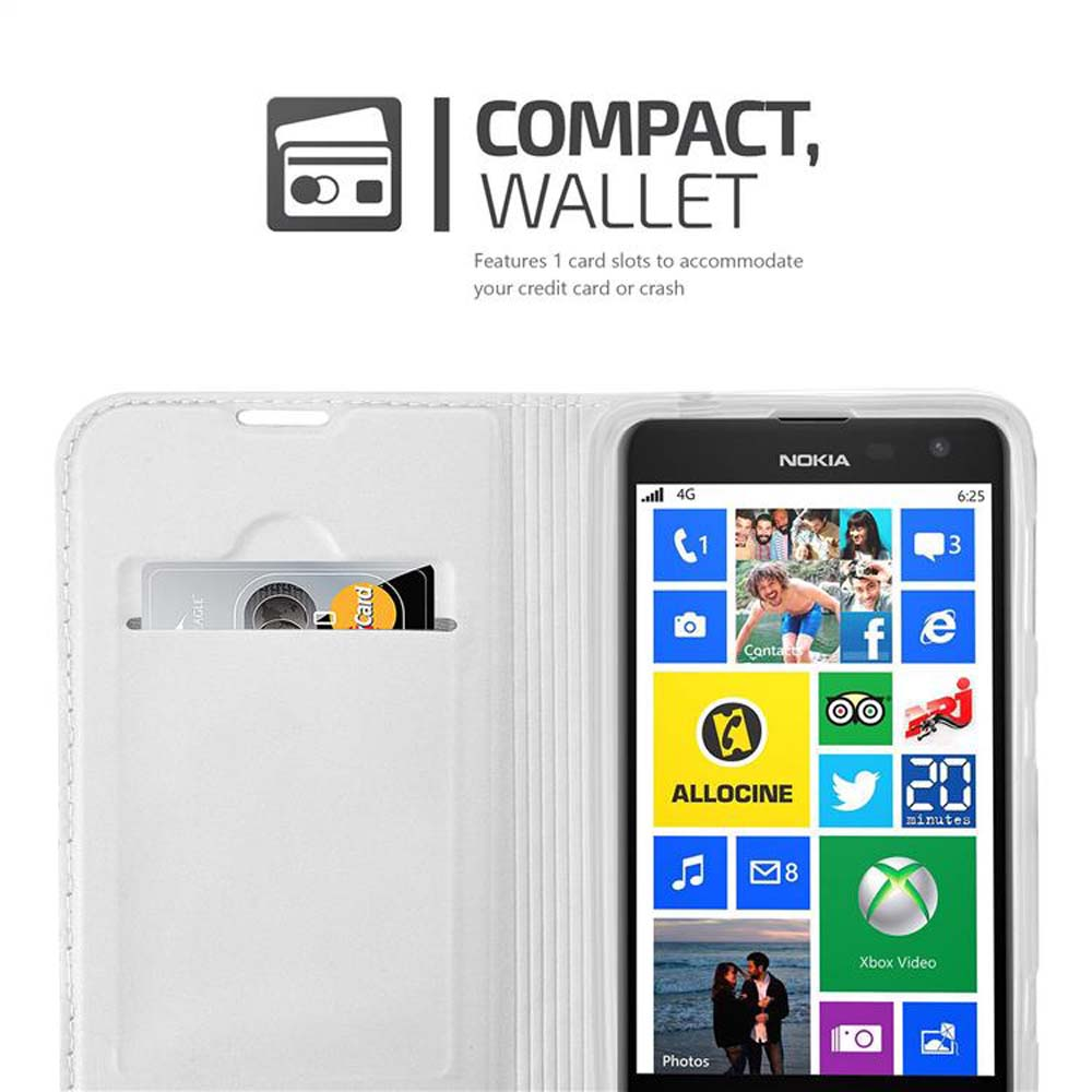 Weiße Handyhülle mit Nokia-Telefon innen. Text: Kompakte Geldbörse. Telefon hat Apps und eine Kreditkarte.