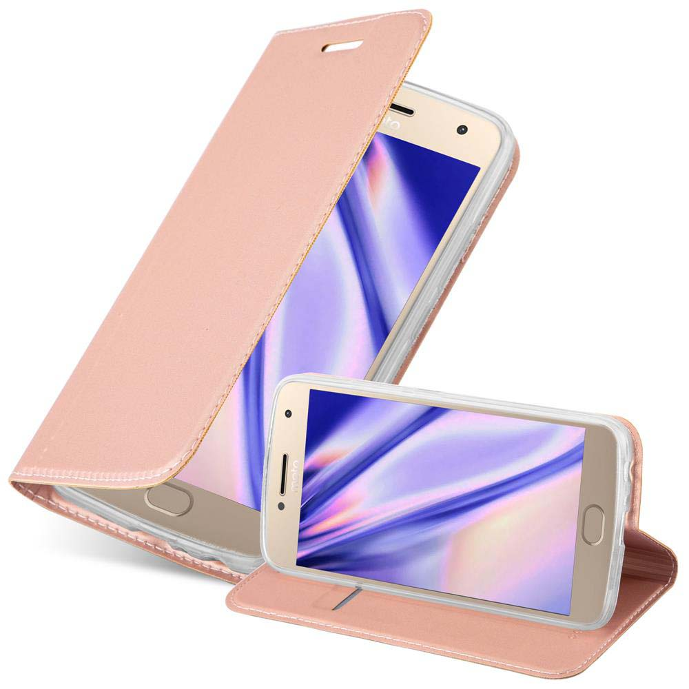 Custodia rosa per telefono con un telefono all'interno, su sfondo bianco.