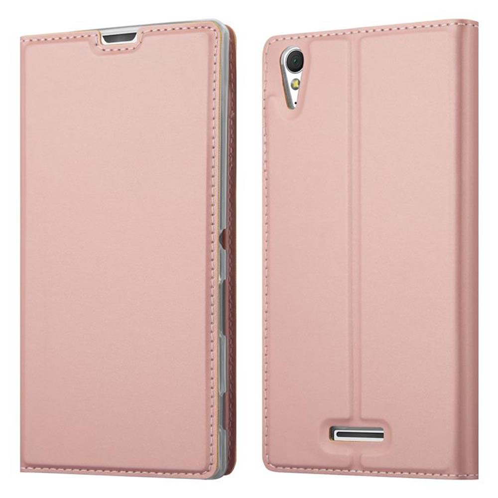 Dos fundas rosas para teléfono. Una abierta, mostrando un teléfono. Son para un teléfono con cámara.