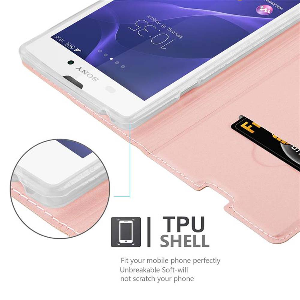 Funda rosa con teléfono y tarjeta. Texto: Carcasa de TPU.