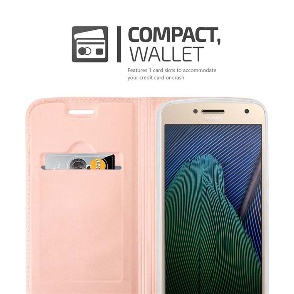 Custodia rosa con telefono dentro. Etichetta portafoglio compatto sopra.