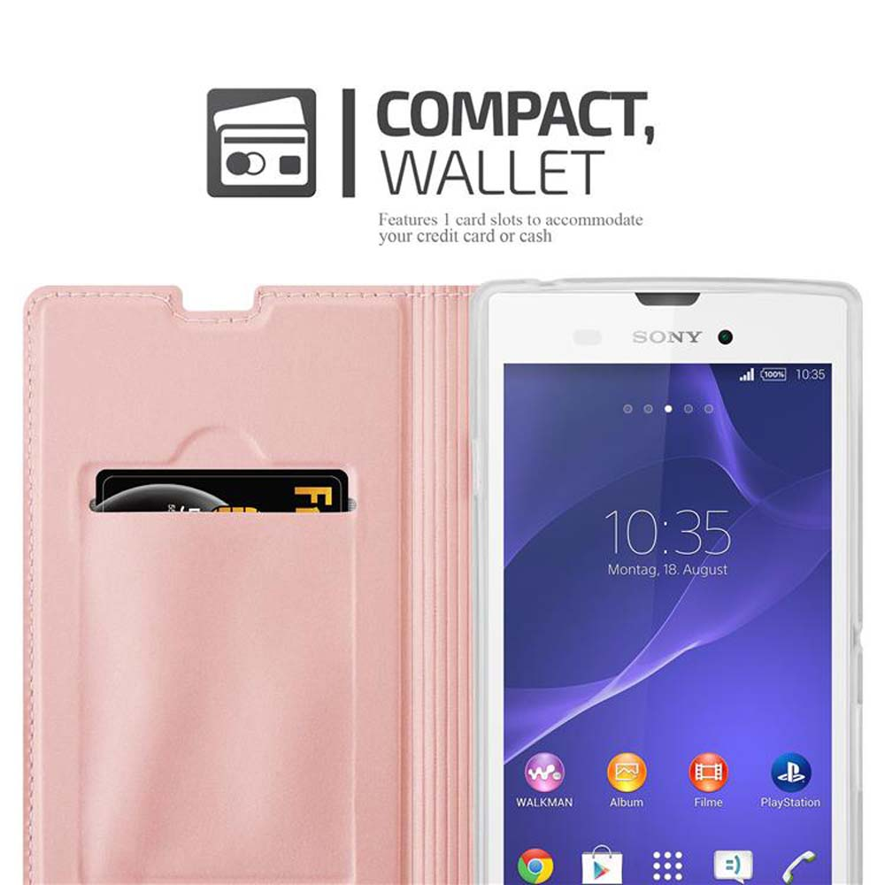 Teléfono en funda rosa, ranura para tarjeta de crédito. Texto: Compacto, cartera.