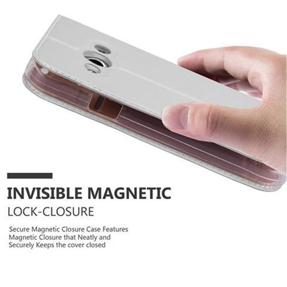 Custodia per telefono in mano. Il testo recita: CHIUSURA MAGNETICA INVISIBILE. Caratteristiche della custodia con chiusura magnetica sicura.