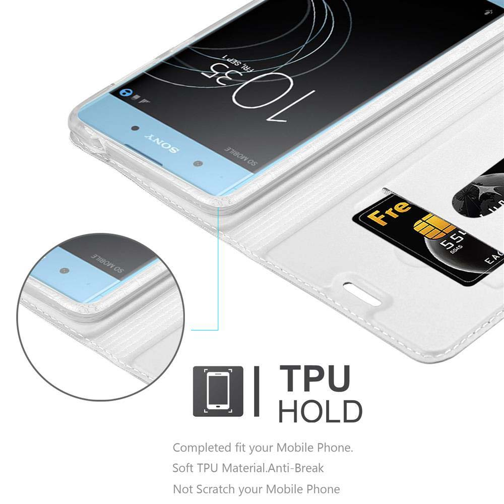 Un telefono in una custodia trasparente, una carta di credito in una custodia a portafoglio e un'etichetta TPU HOLD.