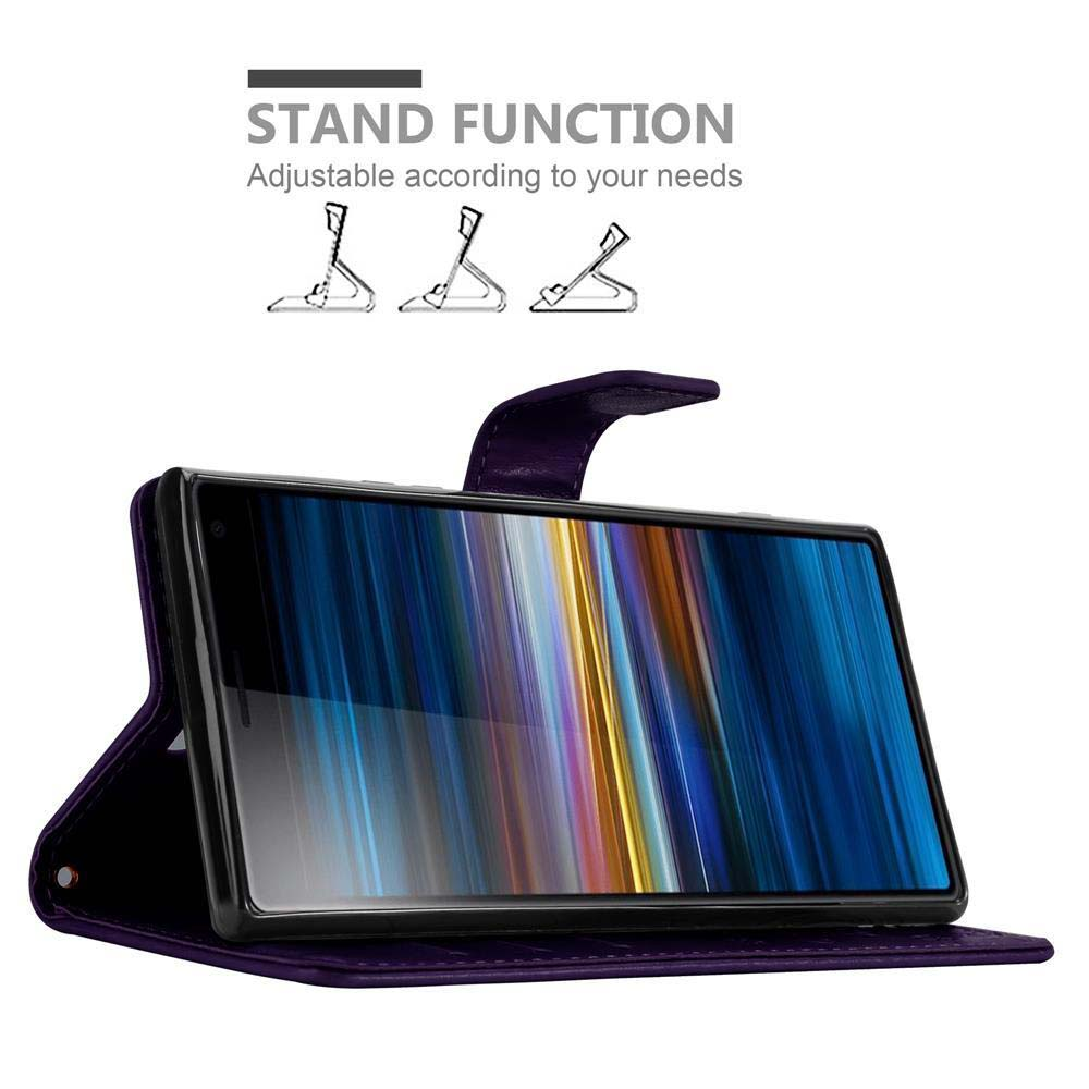 Custodia viola per telefono su supporto, telefono all'interno mostra un display. Testo: Funzione supporto.