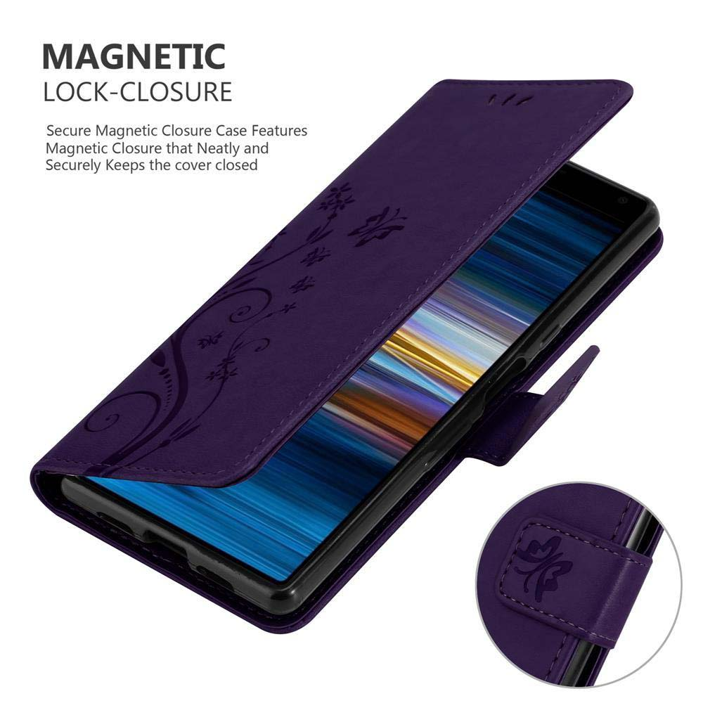 Custodia viola per telefono con design floreale, con testo di chiusura magnetica.