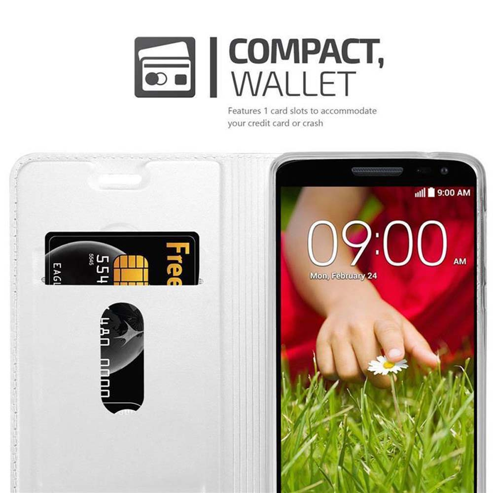 Telefono nella custodia a portafoglio, che mostra l'ora e una carta di credito nello slot. Il portafoglio è aperto.